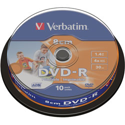 Verbatim 43573 DVD-R 8cm Inkjet Printable 4x 1.46GB - Pack Of 10