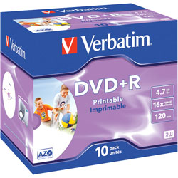 Verbatim 43508 DVD+R Wide Inkjet Printable ID Brand 16x 4.7GB - Pack Of 10