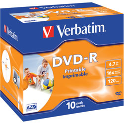 Verbatim 43521 DVD-R Wide Inkjet Printable ID Brand 16x 4.7GB - Pack Of 10
