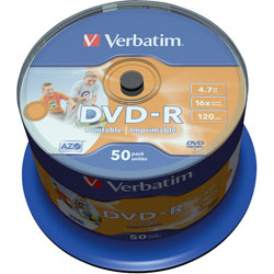 Verbatim 43533 DVD-R Wide Inkjet Printable No ID Brand 16x 4.7GB - Pack Of 50