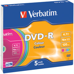 Verbatim 43557 DVD-R Colour 16x 4.7GB - Pack Of 5