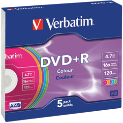 Verbatim 43556 DVD+R Colour 16x 4.7GB - Pack Of 5