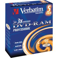 Verbatim 43493 DVD-RAM 3x Double Sided 3x 9.4GB - Pack Of 5