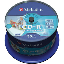 Verbatim 43309 CD-R AZO Wide Inkjet Printable ID Branded 52x 700MB - Pack Of 50