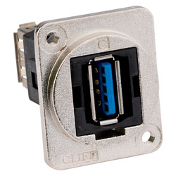 Cliff CP30205NM3 USB3.0 A-A feedthrough connector, nickel plated metal frame, M3