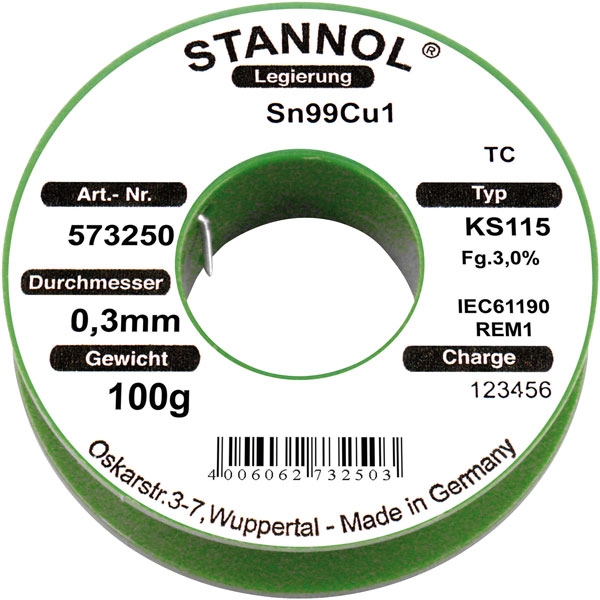 Stannol 573253 Solder Wire Sn99Cu1 KS115 3.0% 1.0mm 100g