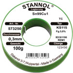 Stannol 574007 Solder Wire Sn99Cu1 KS115 3.0% 1.0mm 500g