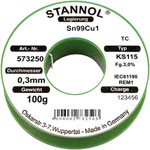 Stannol 573257 Solder Wire Sn99Cu1 KS115 3.0% 1.5mm 250g