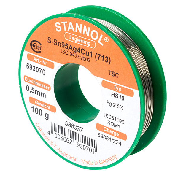 Stannol 631900 Solder Wire HS10 Sn95.5AG3.8Cu0.7 0.5mm 100g