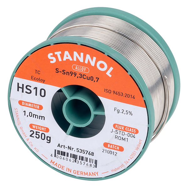 Stannol 535800 Solder Wire HS10 Sn99Cu1 1.0mm 250g