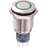 Zip Switch LAS2GQF-22E/G/12V/N/P 16mm IP67 Vandal DPDT Green LED Flush Brass