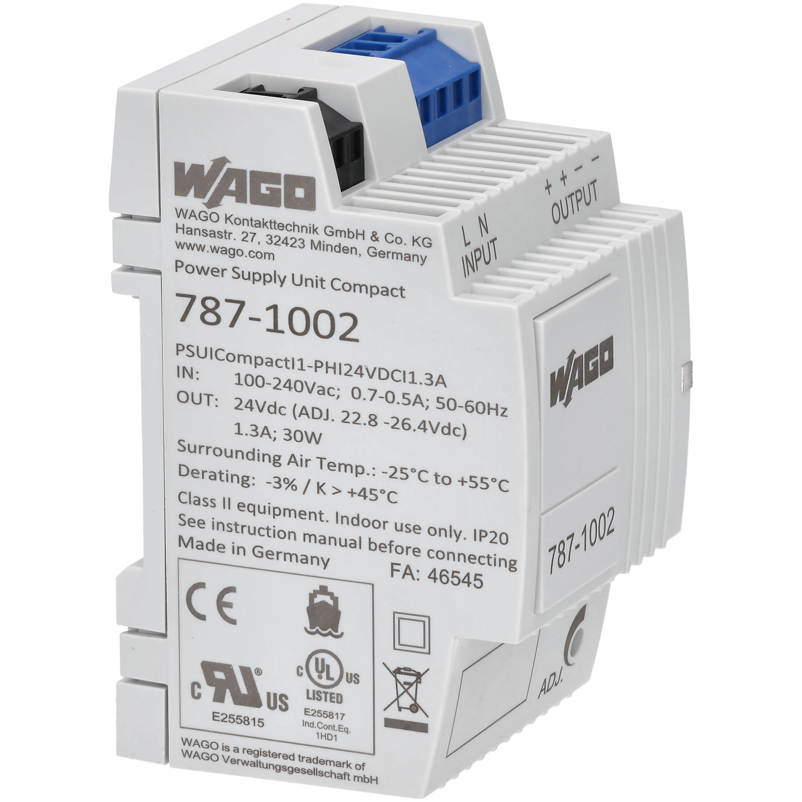 WAGO 787-1002 Compact Single Phase 24VDC 1.3A Switched-Mode Power Supply