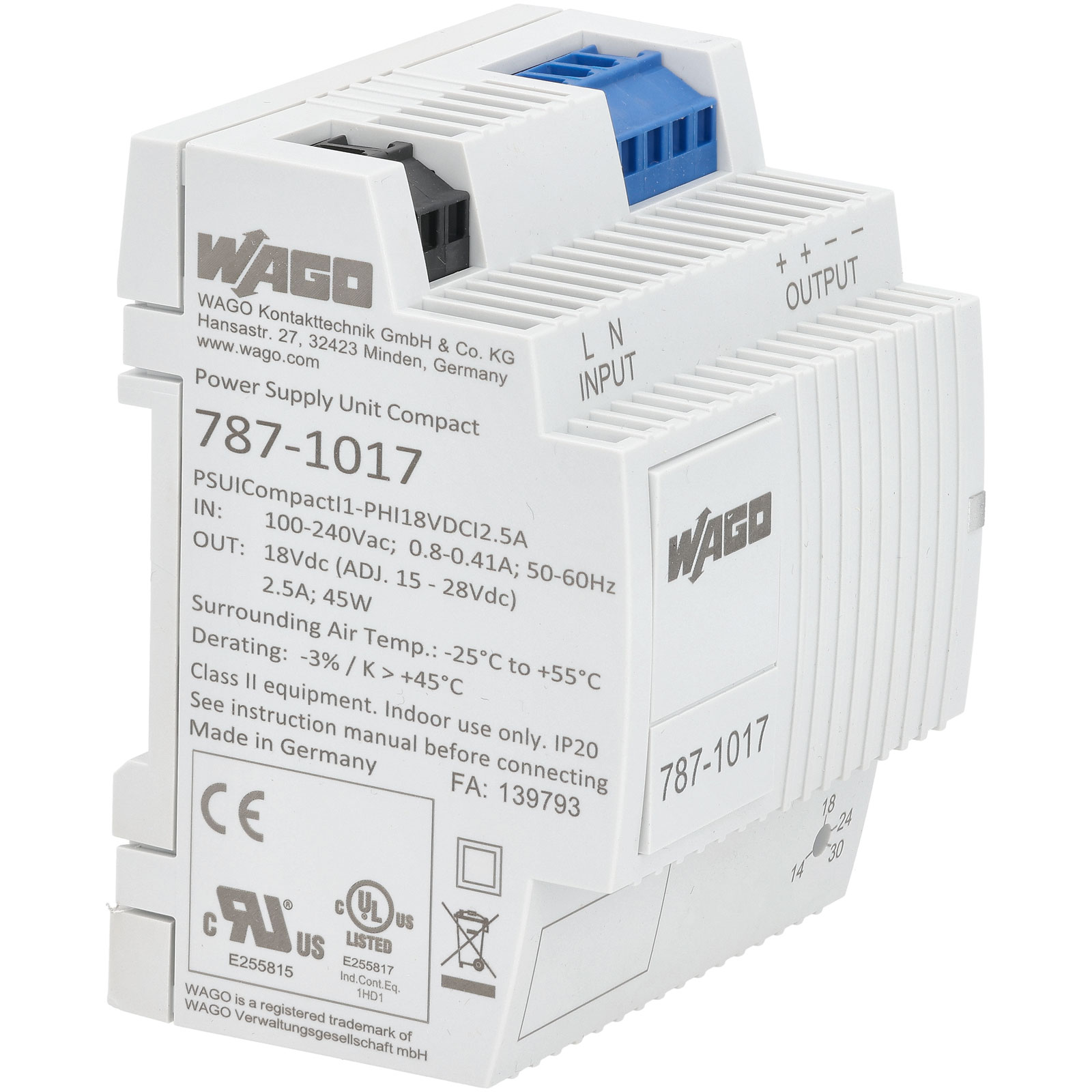 WAGO 787-1017 Compact Single Phase 18VDC 2.5A Switched-Mode Power ...