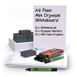 Show-Me Plain Dry Wipe Boards 650 Micron Pack of 10. 10xWhite boards, 10xPens, 1