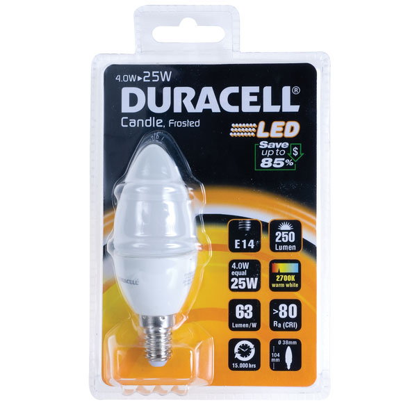 Duracell 4W Candle Bulb E14 Warm White 250lm | Rapid Electronics