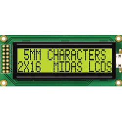 Midas Displays MC21605B6WD-SPTLY 16x2 STN Yellow / Green LCD Display 85x36mm