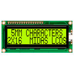 Midas Displays MC21605G6WD-SPTLY 16x2 STN Yellow / Green LCD Display 80x36mm