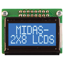 Midas Displays MC20805B6W-BNMLW-V2 2x8 COB LCD White on Blue 5mm Character