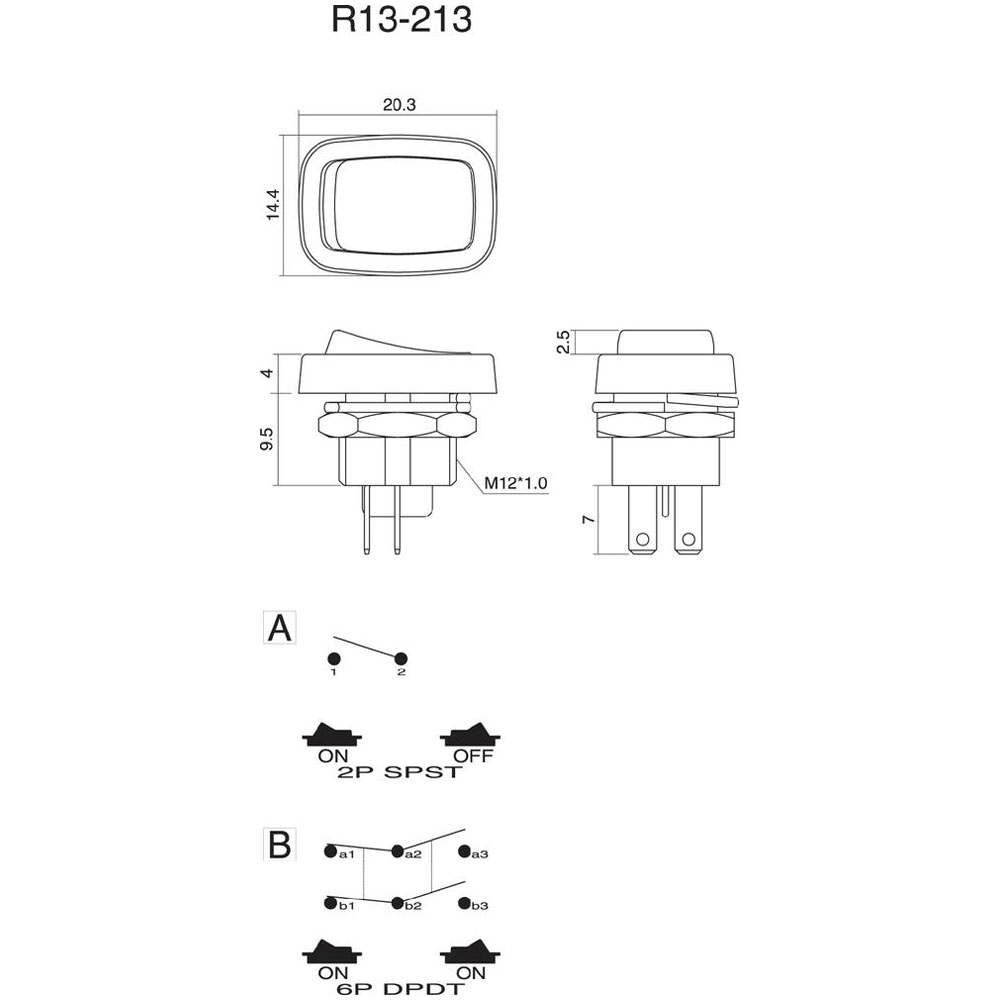 SCI R13 213B 03 DPDT Rocker Switch 3A 250V AC Rapid Online