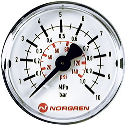 Norgren 18-013-989 Pneumatic Pressure Gauge 0-10 Bar ø40mm R1/8 Rear Port