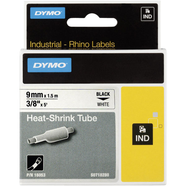 DYMO S0718280 / 18053 Heat Shrink Tubing 9mm x 1.5m Black on White ...