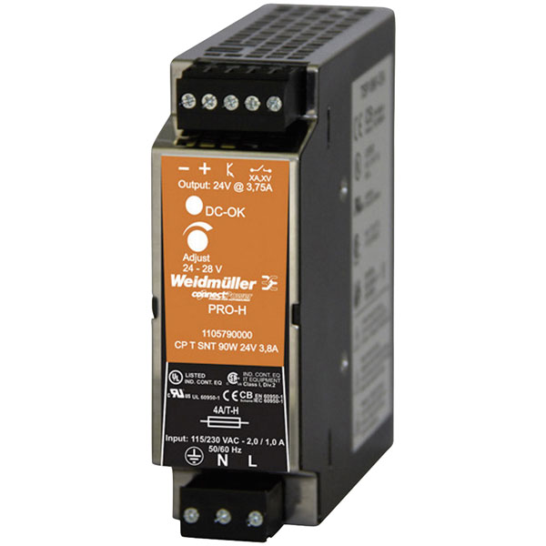 Weidmuller Cp T Snt 90w 24v 3 8a Pro H Din Rail Power Supply Rapid Online