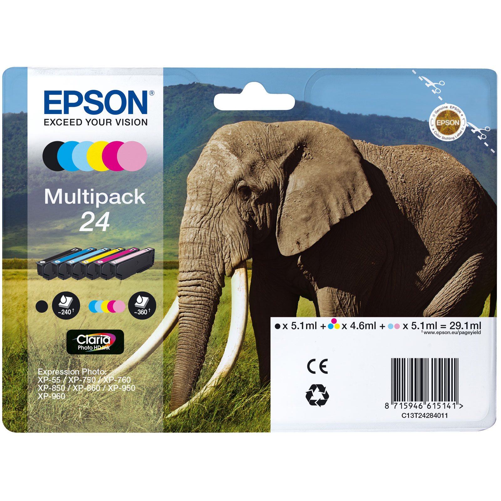 ELEPHANT 2冊 Epson C13T24284011 Elephant Multipack 6-colours 24 Claria Photo HD