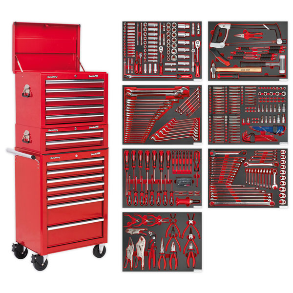 Sealey TBTPCOMBO1 Tool Chest Combination 14 Drawer with Ball Bearing Slides - Red & 446pc Tool Kit