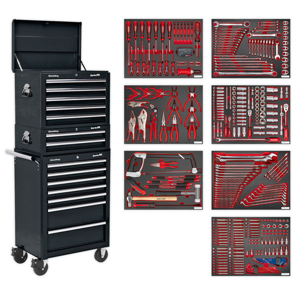 Sealey TBTPCOMBO2 Tool Chest Combination 14 Drawer with Ball Bearing Slides - Black & 446pc Tool Kit