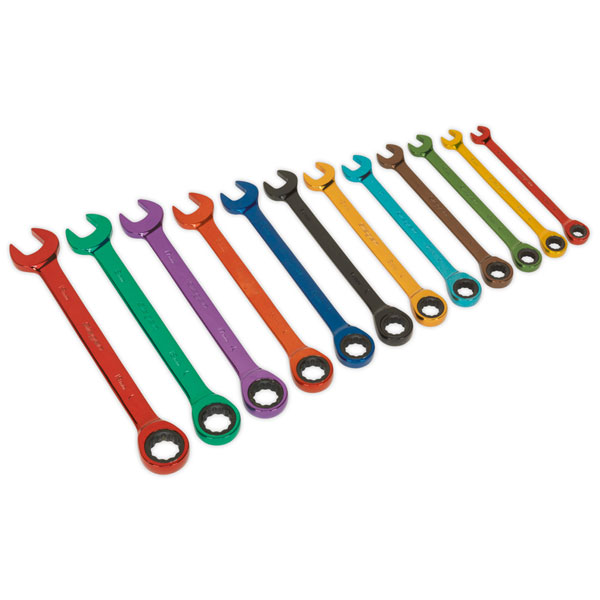 Sealey S01075 Ratchet Combination Spanner Set 12pc Multi-Coloured Metric