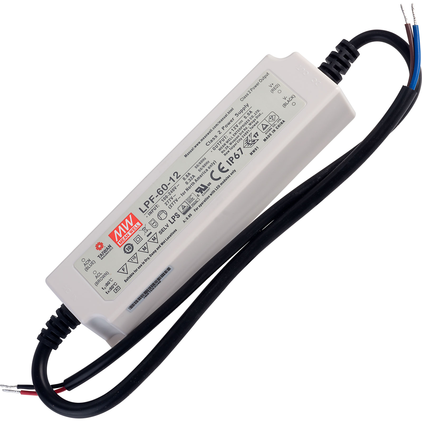 Mean Well LPF-60-12 60W AC/DC LED Power Supply – Constant Current/Voltage, 12V Fixed Output