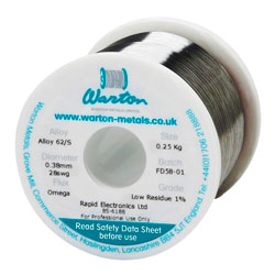 Warton Metals Omega LMP 62S Low Residue 1% Flux Solder Wire 28SWG 0.376mm 250g