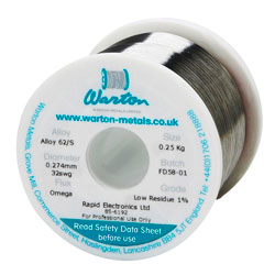 Warton Metals Omega LMP 62S Low Residue 1% Flux Solder Wire 32SWG 0.274mm 250g