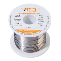 R-TECH 857036 SAC305 Solder 2% Rosin-Free HF Flux Halide-Free 0.7mm 250g Reel