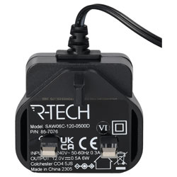 R-TECH 857076 AC/DC Adapter 12vdc 500mA UK Plug Top