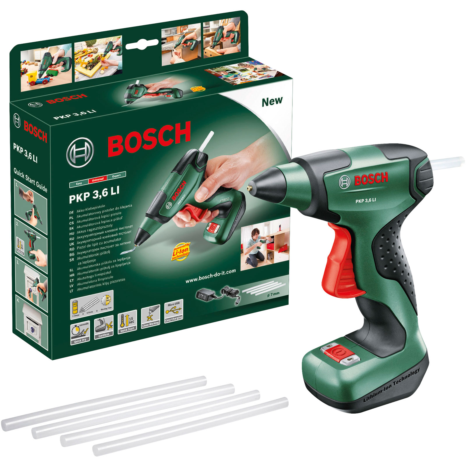 Bosch Home and Garden Cordless Hot Glue Gun GluePen (Micro USB Charger, 4 x  Ultrapower Glue Sticks, 3.6 V, in Carton Packaging), Green, Red, Black  price in Saudi Arabia,  Saudi Arabia