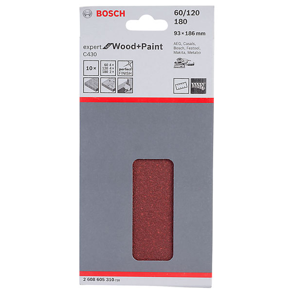 Bosch 2608605310 Sanding Sheet (10) Hook & Loop 60/120/180 Grit 93 x