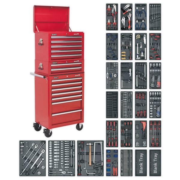 Sealey SPTCOMBO1 Tool Chest Combination 14 Drawer with Ball Bearing Slides - Red & 1179pc Tool Kit