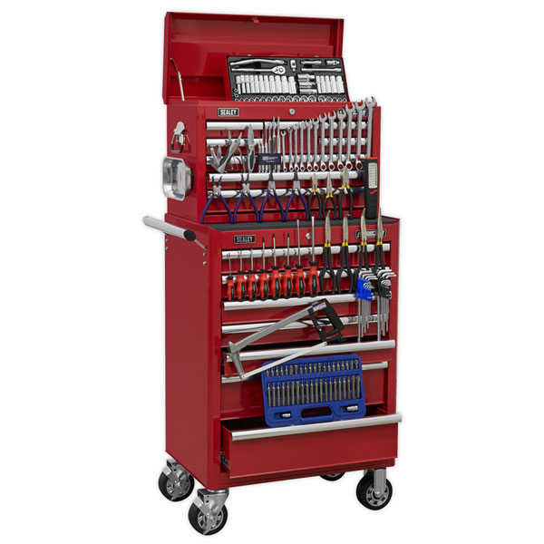 Sealey APCOMBOBBTK57 Topchest & Rollcab Combination 15 Drawer with Ball Bearing Slides - Red & 147pc Tool Kit
