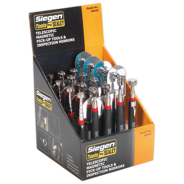 Sealey S0946 Telescopic Magnetic Pick-Up Tools & Inspection Mirrors - Display Box of 20