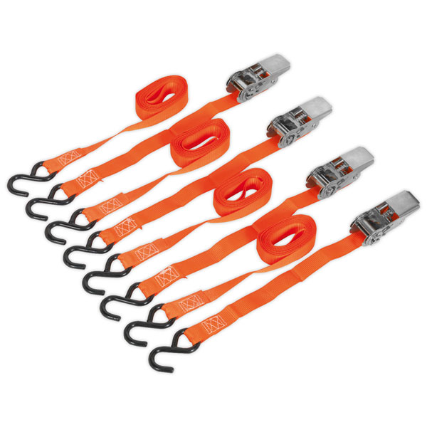 Sealey TD0540S4 Ratchet Tie Down 25mm x 4m Polyester Webbing with S Hooks 500kg Load Test - 2 Pairs