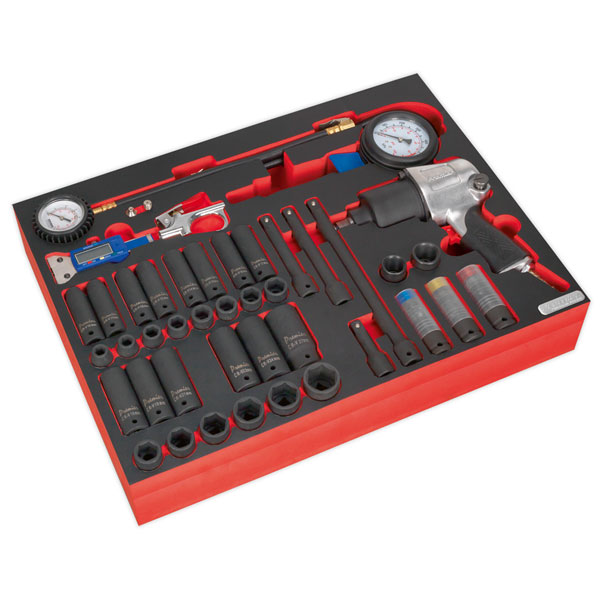 Sealey TBTP08 Tool Tray with Impact Wrench, Sockets & Tyre Tool Set 42pc