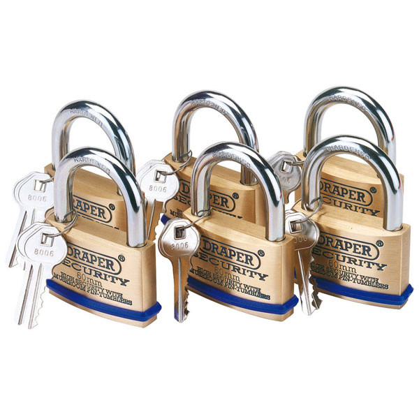 Draper 67663 Pack of 6 x 60mm Keyed Alike Solid Brass Padlocks