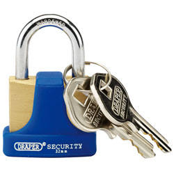 Draper 64164 32mm Solid Brass Padlock & 2 Keys w Hardened Steel Shackle & Bumper