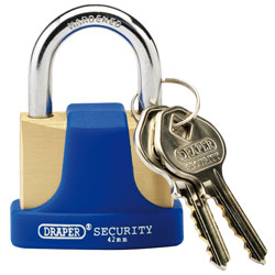 Draper 64165 42mm Solid Brass Padlock & 2 Keys w Hardened Steel Shackle & Bumper