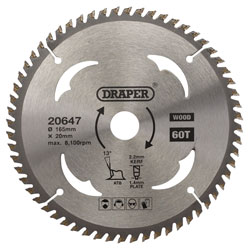 Draper 20647 TCT Circular Saw Blade for Wood, 165 x 20mm, 60T