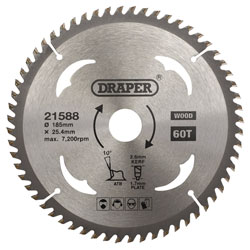 Draper 21588 TCT Circular Saw Blade for Wood, 185 x 25.4mm, 60T