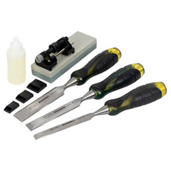 Roughneck 30-165 Professional Bevel Edge Chisel Set 3 Pc + Sharpening Kit