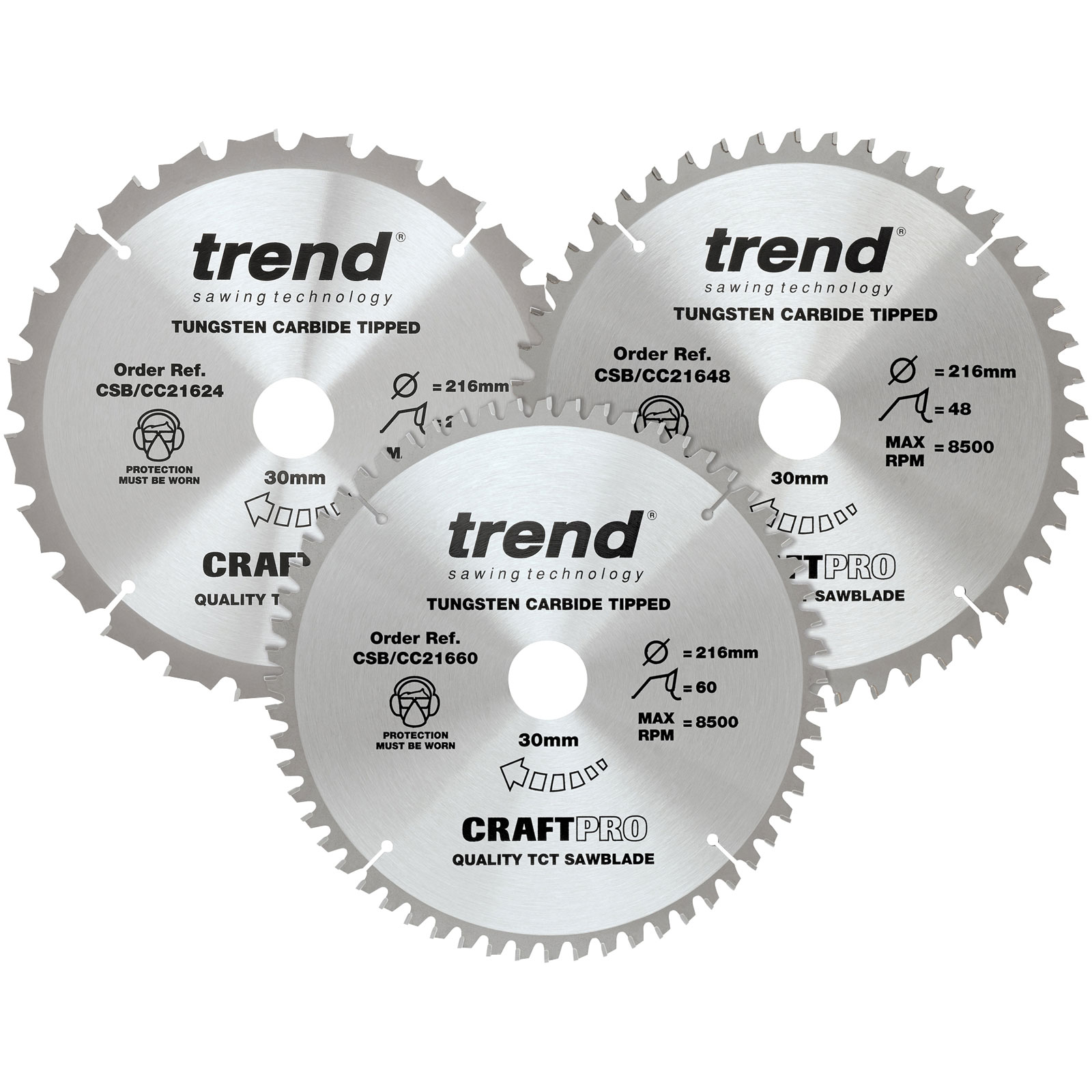 Trend CSB/CC216/3PK CraftPro Mitre Saw Blade 216 x 30mm x 24T/48T/60T
