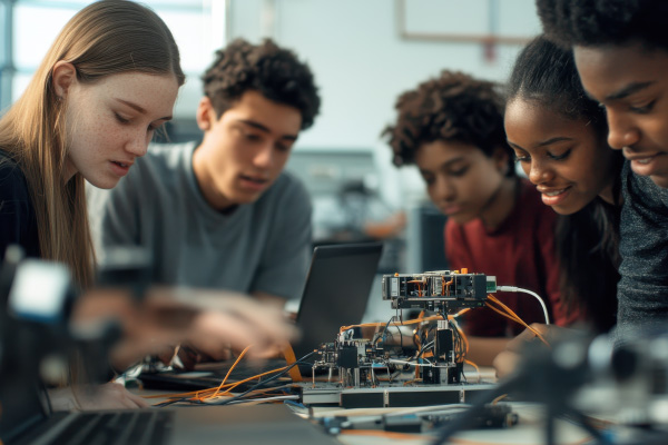 Students building a robot